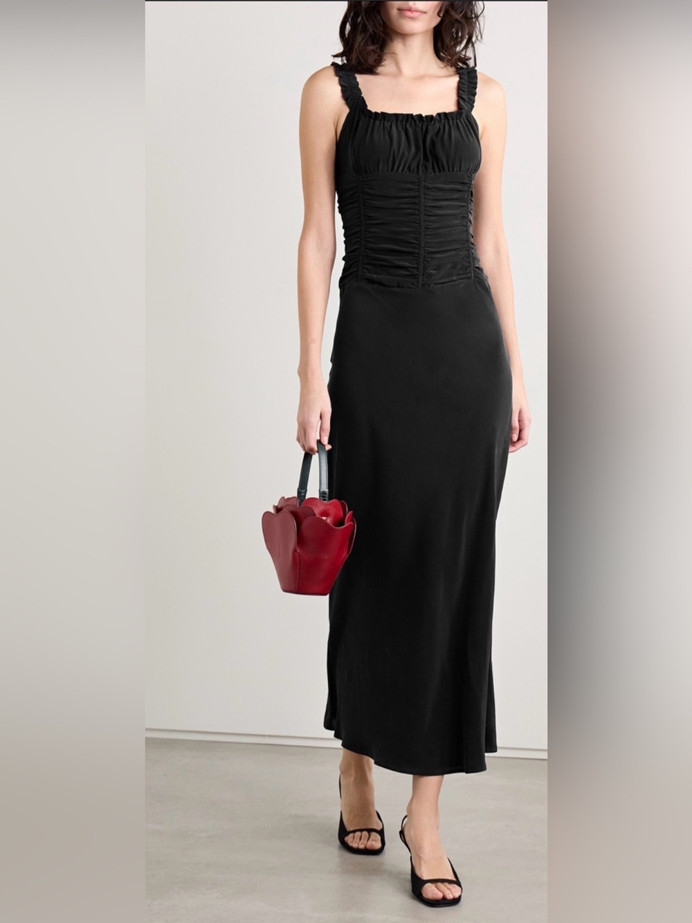 STAUD Black Ruched Maxi Dress with Gathered Straps